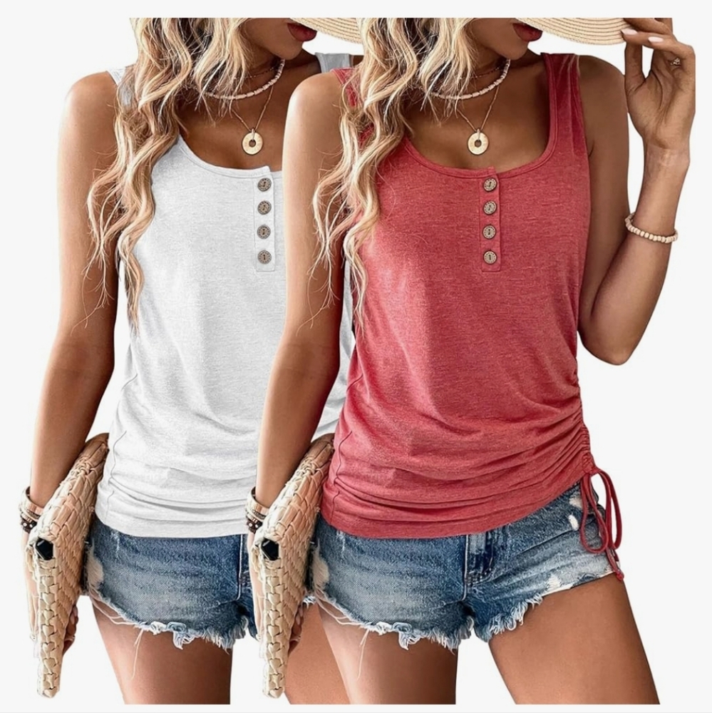 2 Pack Summer Tank Tops, Sleeveless U Neck Loose Button Casual Henley